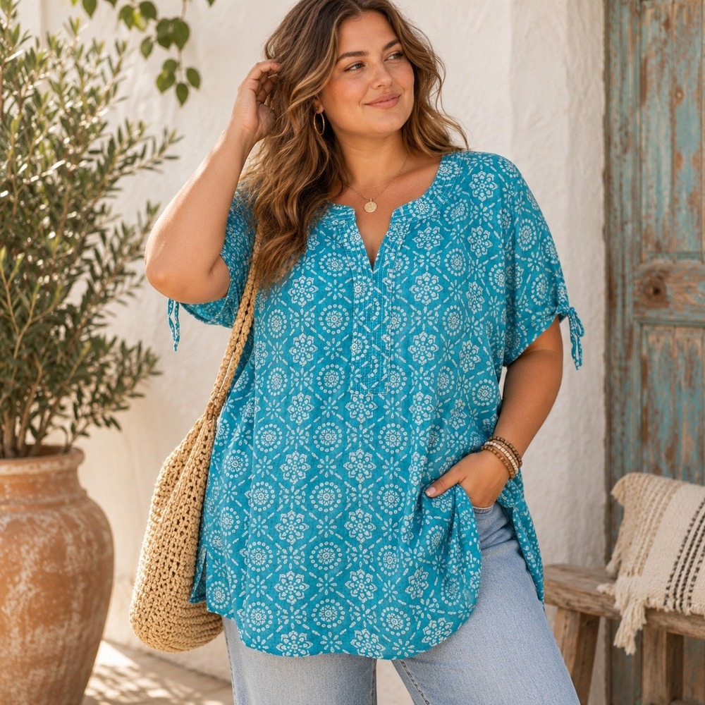 Talbots Woman Turquoise White Medallion Print Tunic Top Plus Size 2X Boho Beachy